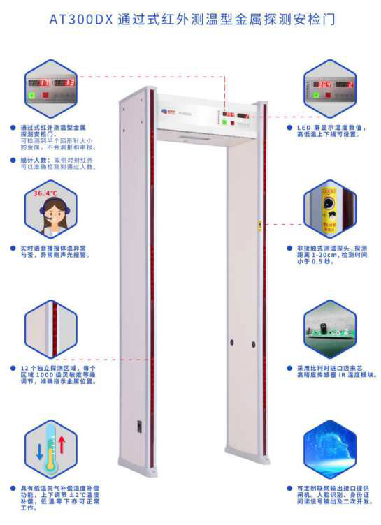 AT300DX通過(guò)式紅外測(cè)溫型金屬探測(cè)安檢門
