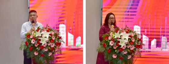 廈門市安全技術(shù)防范協(xié)會秘書長劉斐（左）、廈門市物聯(lián)網(wǎng)行業(yè)協(xié)會執(zhí)行秘書長雷婕（右）在會上致辭