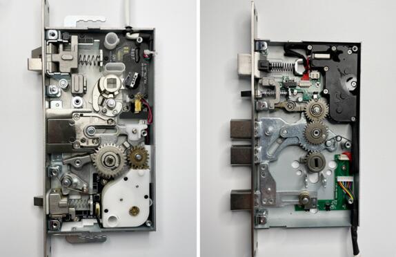 左側為其他全自動鎖體，右側為亞太天能全自動鎖體